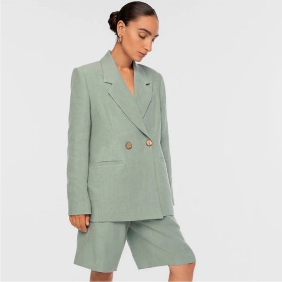Dal The Label Seafoam Pale Green Natural Linen Double Breasted Blazer Jacket - Picture 1 of 8